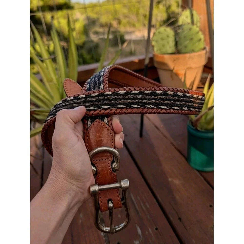 Willis & Geiger Braided Horsehair Woven Brown Leather Belt Silver Buckle 36